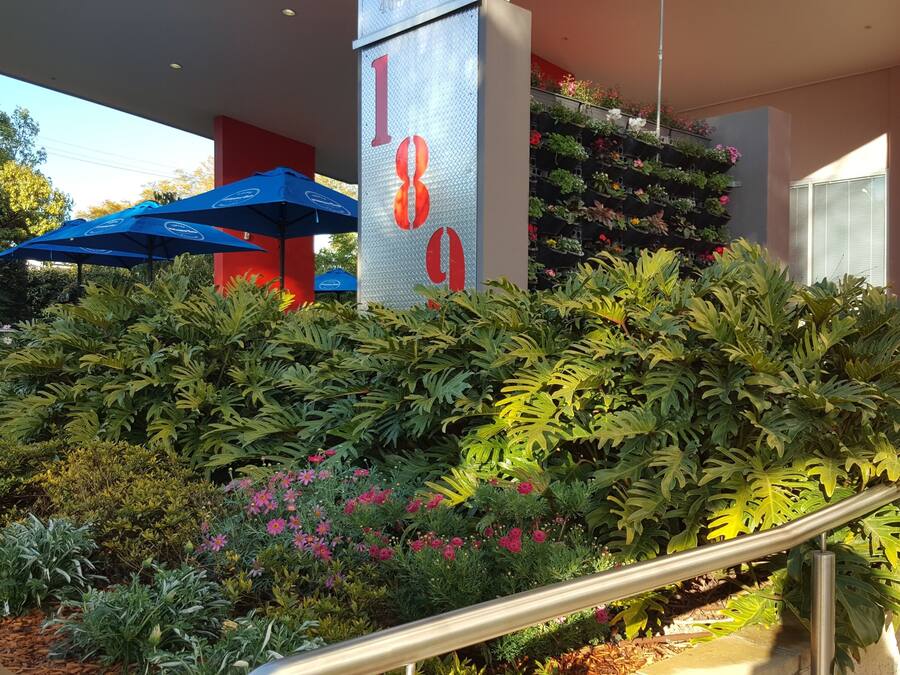 Een hotelentree met een metalen trap, een verticale tuin met diverse planten en een blauwe parasol.