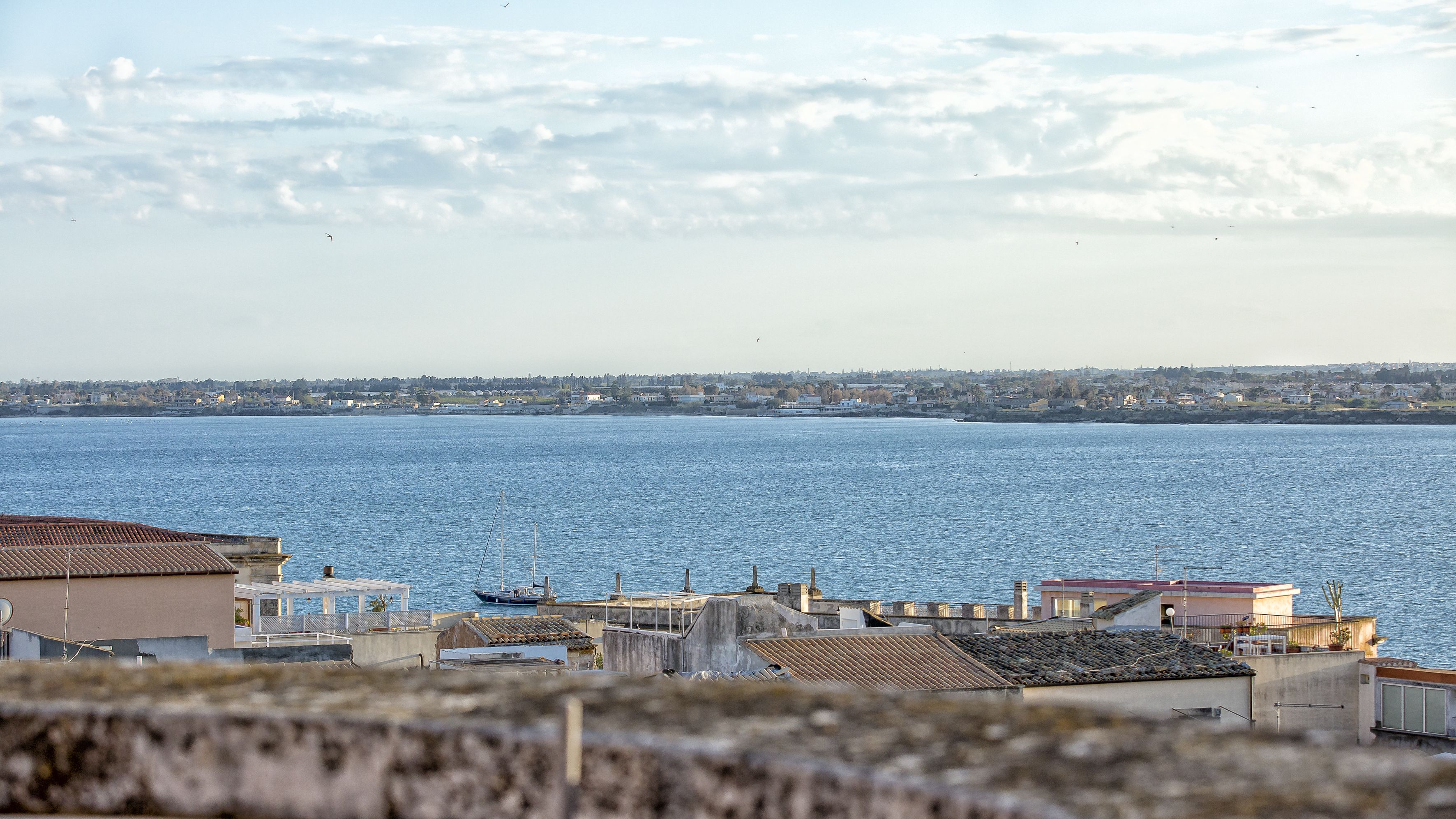A coastal view with a marina, buildings with tiled roofs, and a distant cityscape.