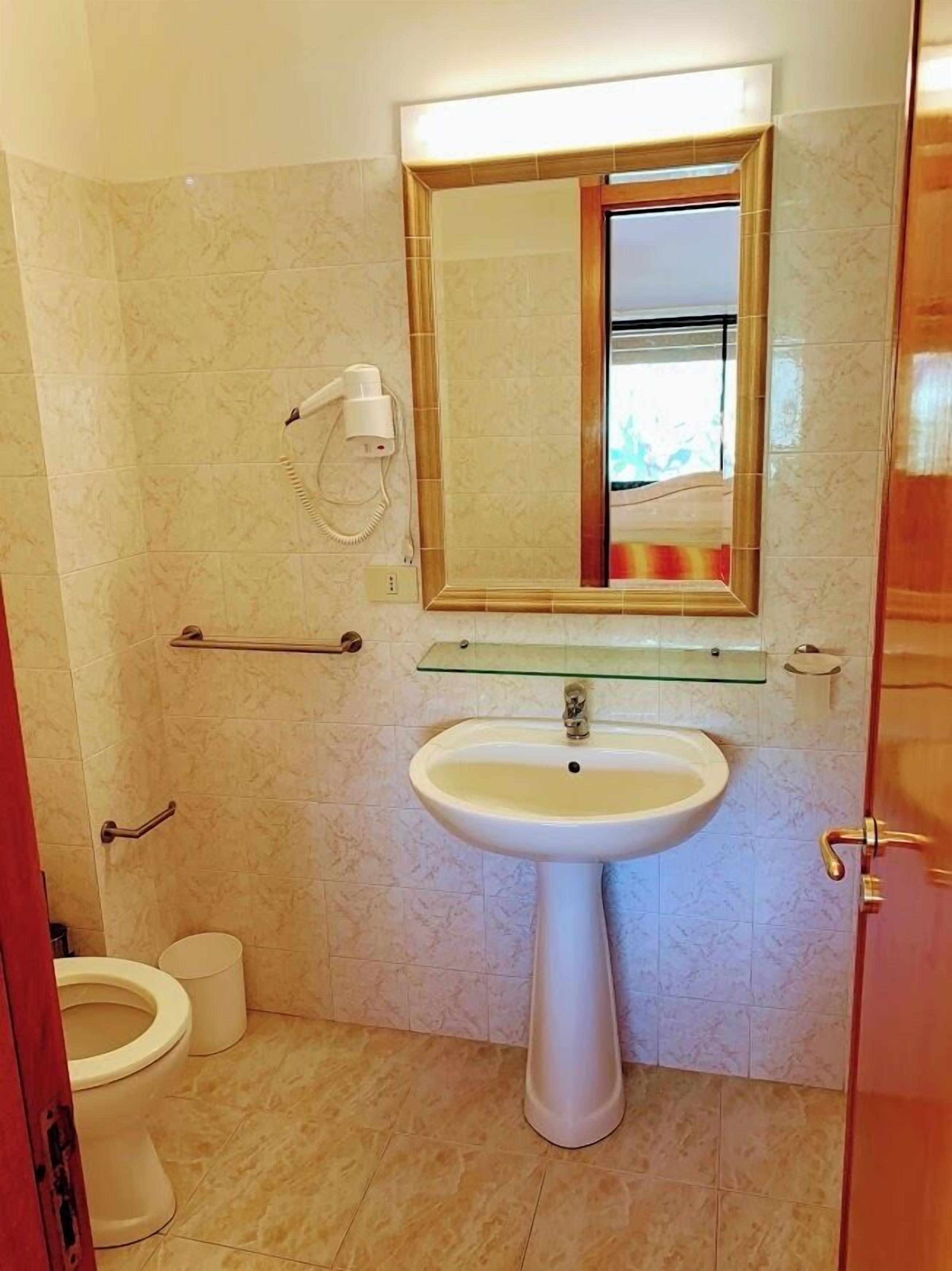 Une salle de bain équipée d’un lavabo sur colonne, d’un sèche-cheveux, d’une étagère en verre et de toilettes.