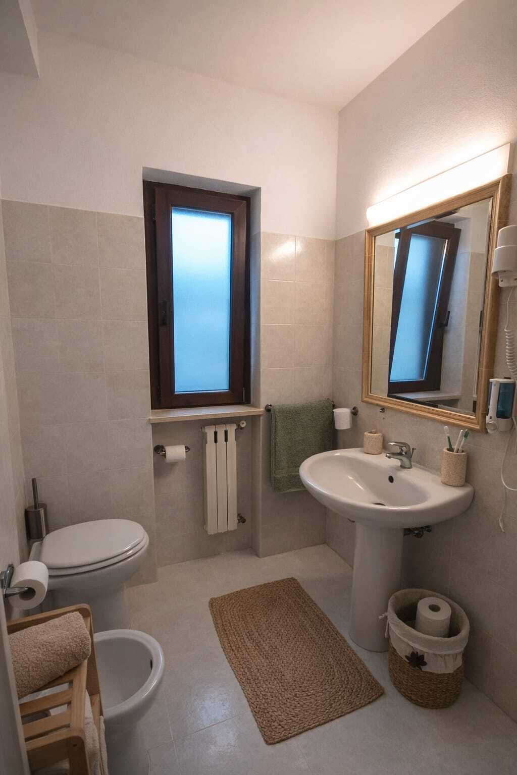 A bathroom with a toilet, bidet, sink, mirror, towel rack, and a window.