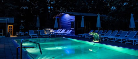 Indoor pool, outdoor pool, pool umbrellas, pool loungers