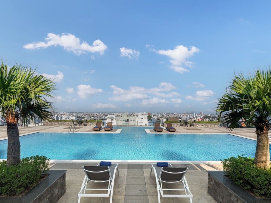 Outdoor pool, pool umbrellas, pool loungers