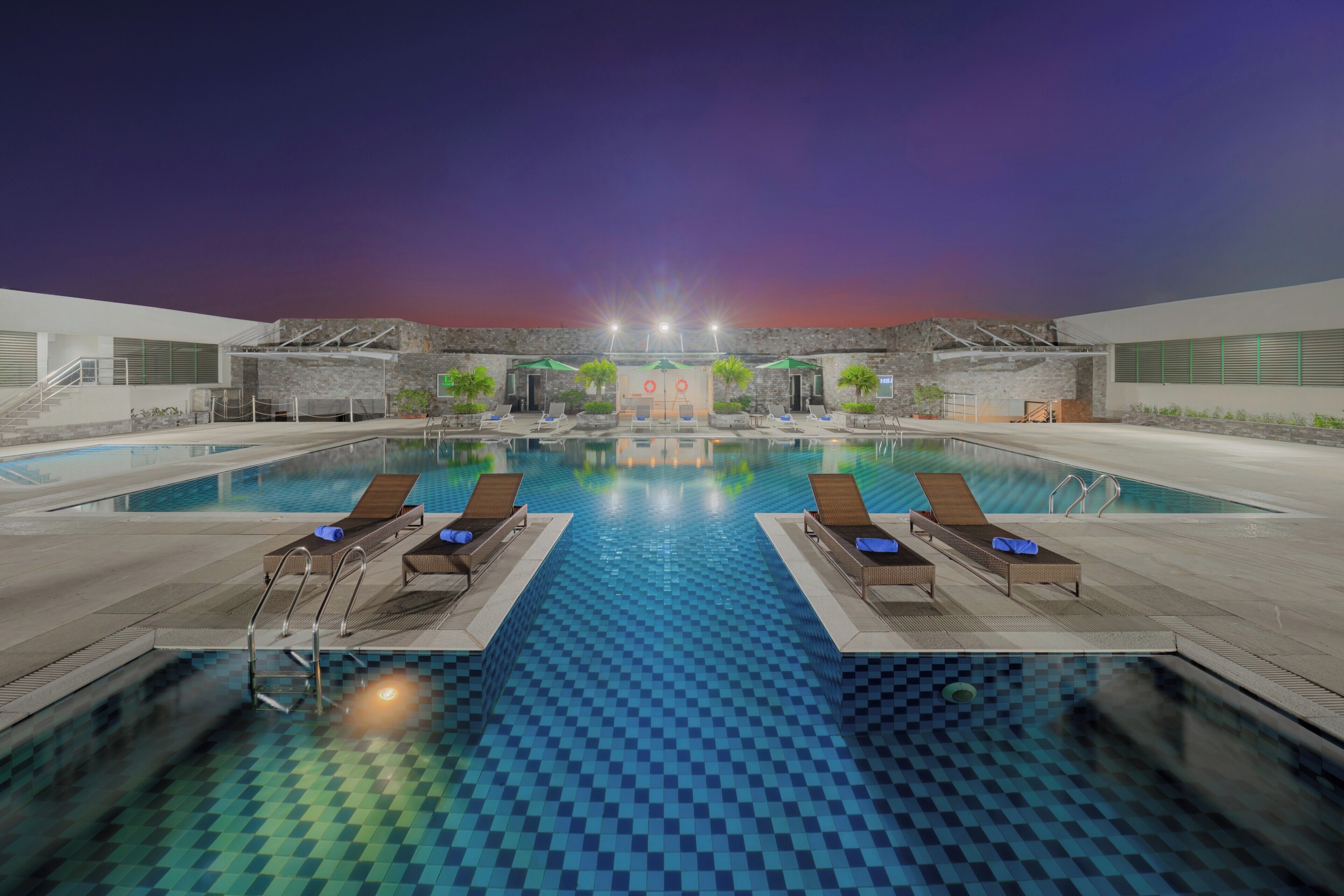 Outdoor pool, pool umbrellas, pool loungers