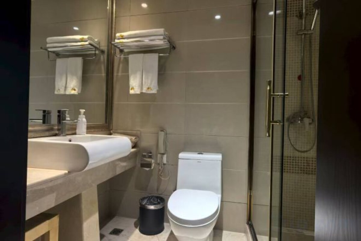 A modern bathroom with a glass shower enclosure, a toilet, and a sink with a mirror above.