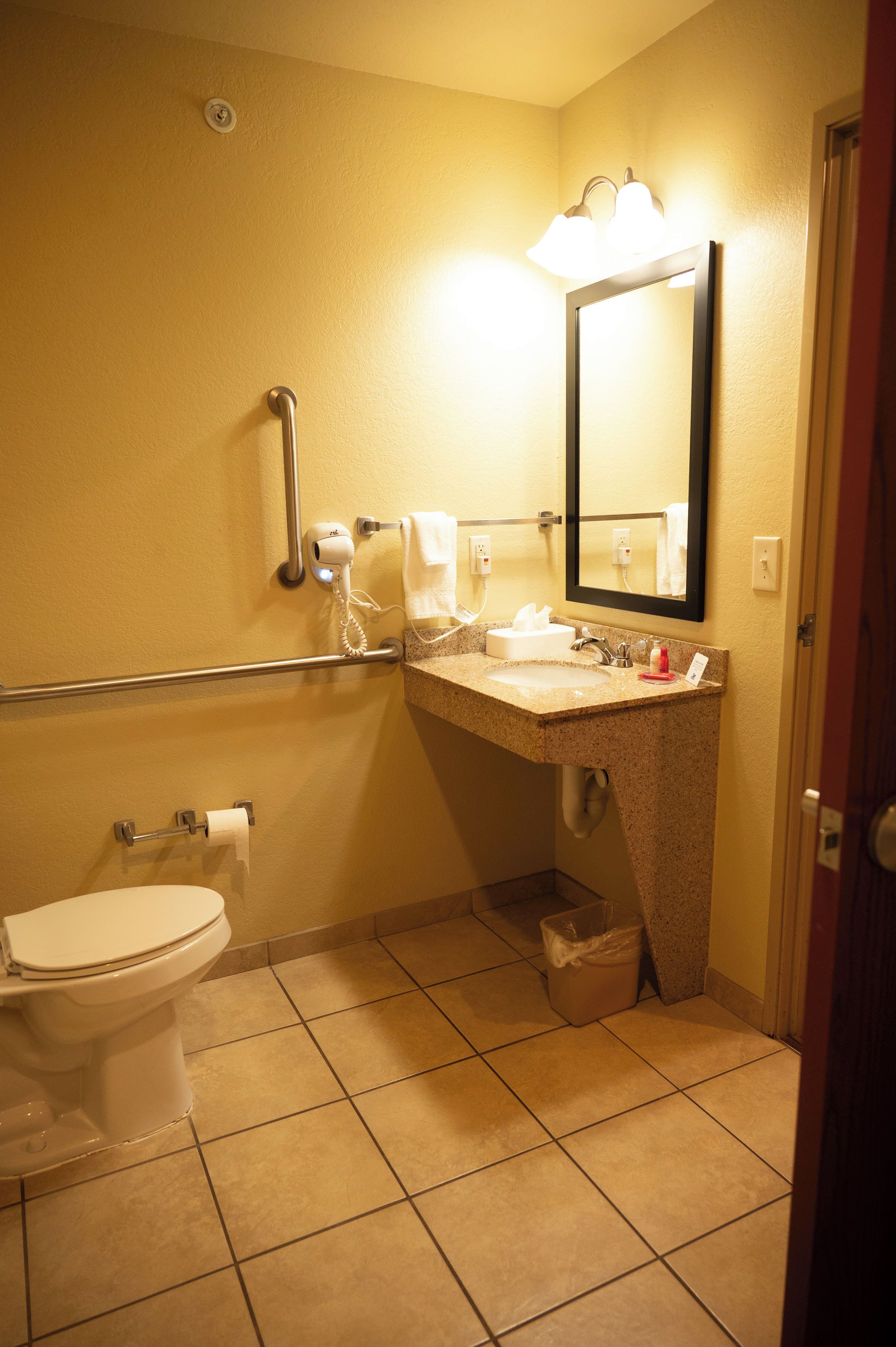 A bathroom with a toilet, sink, mirror, and hand dryer.