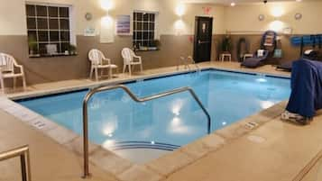 Indoor pool, open 10:00 AM to 10:00 PM, sun loungers