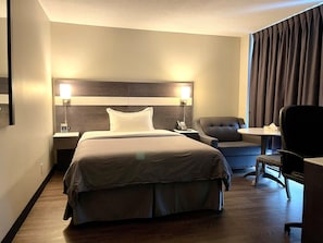 Relax in comfort with a large bed, armchair, and desk area.