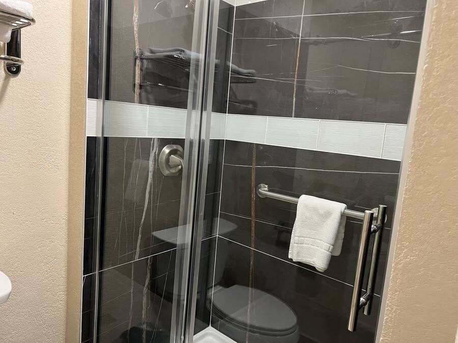 Cabina de ducha con paredes de vidrio, un inodoro, un perchero y un pasamanos.