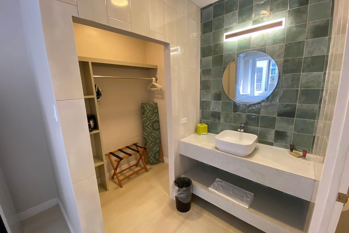 shower, free toiletries, hair dryer, towels