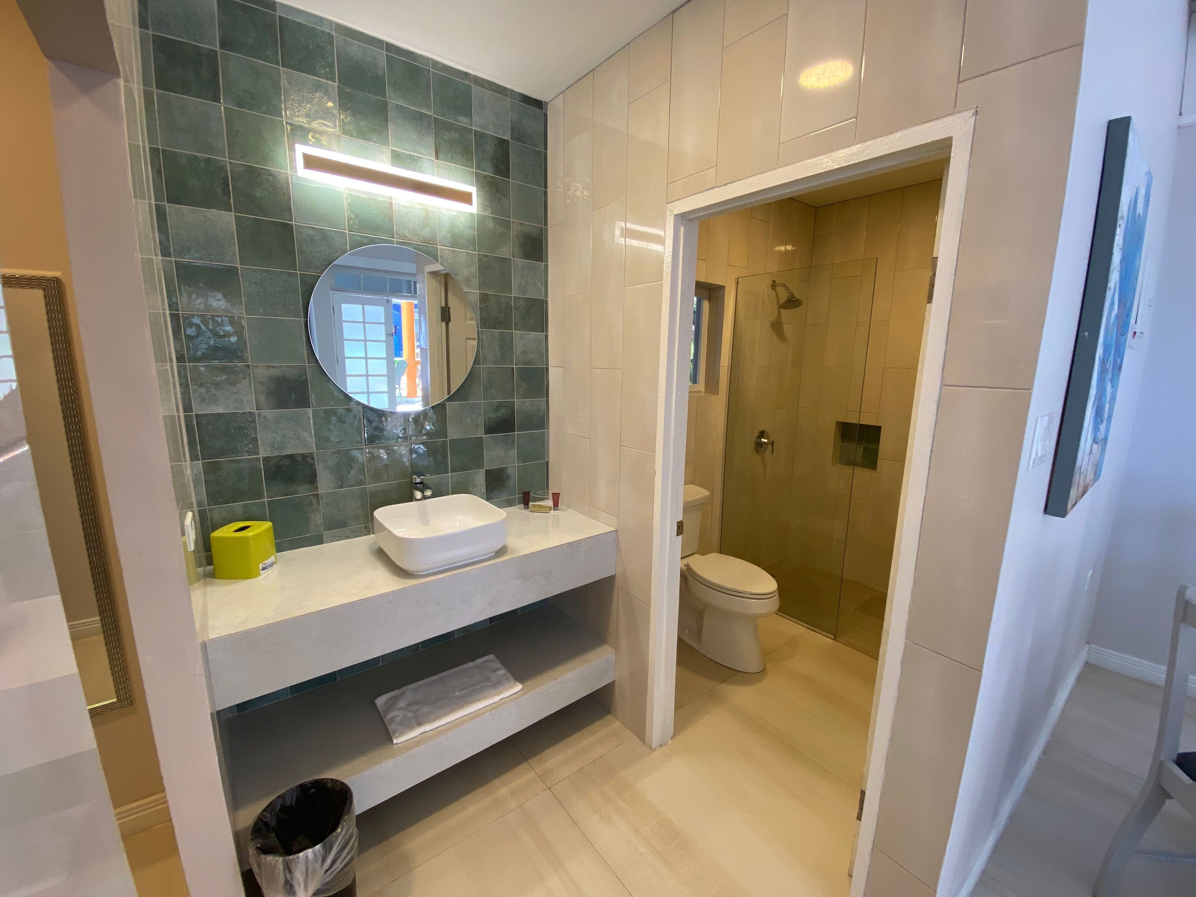 shower, free toiletries, hair dryer, towels