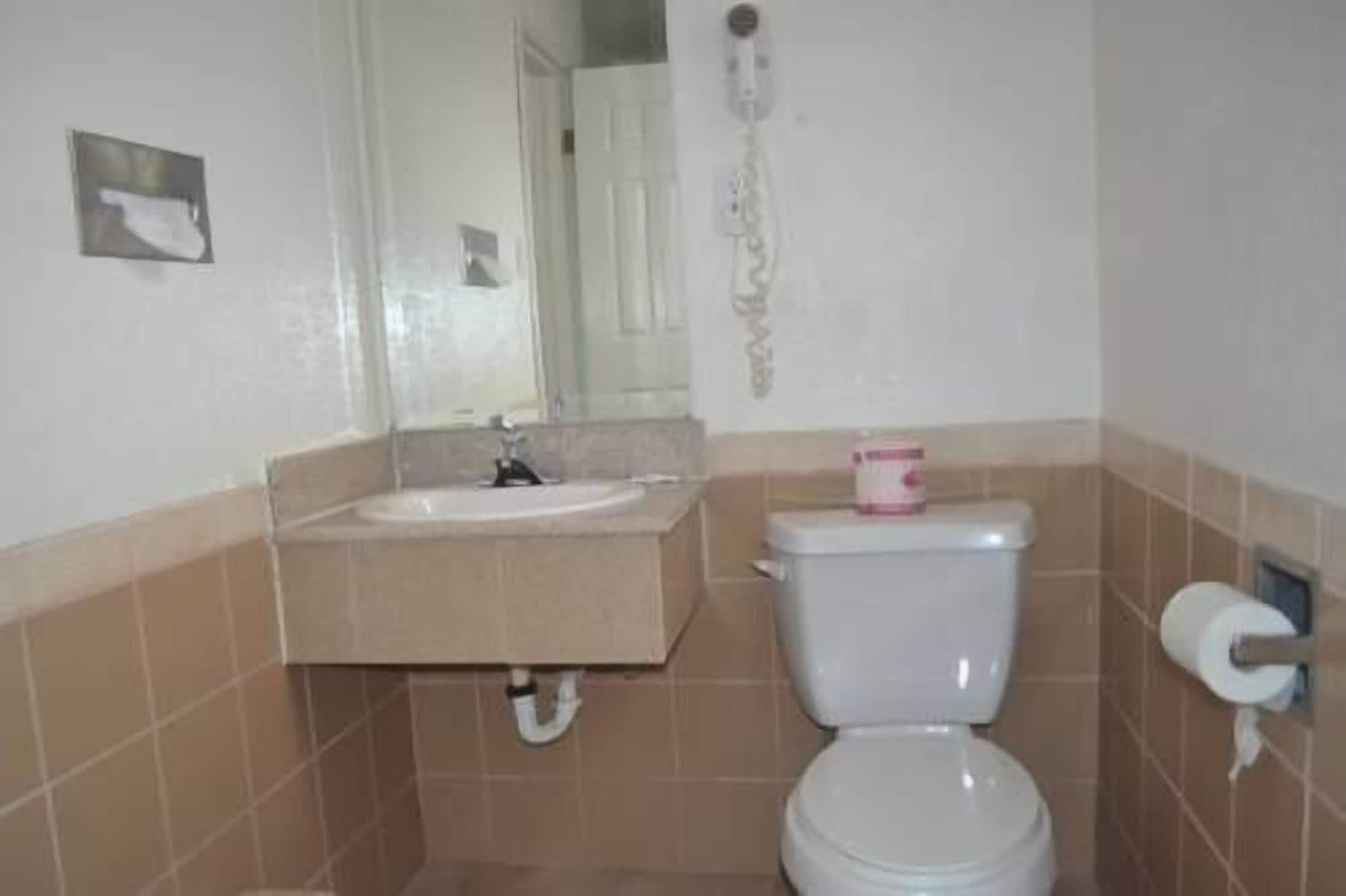 A small bathroom with a white toilet, a sink, and a mirror.