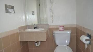A small bathroom with a white toilet, a sink, and a mirror.