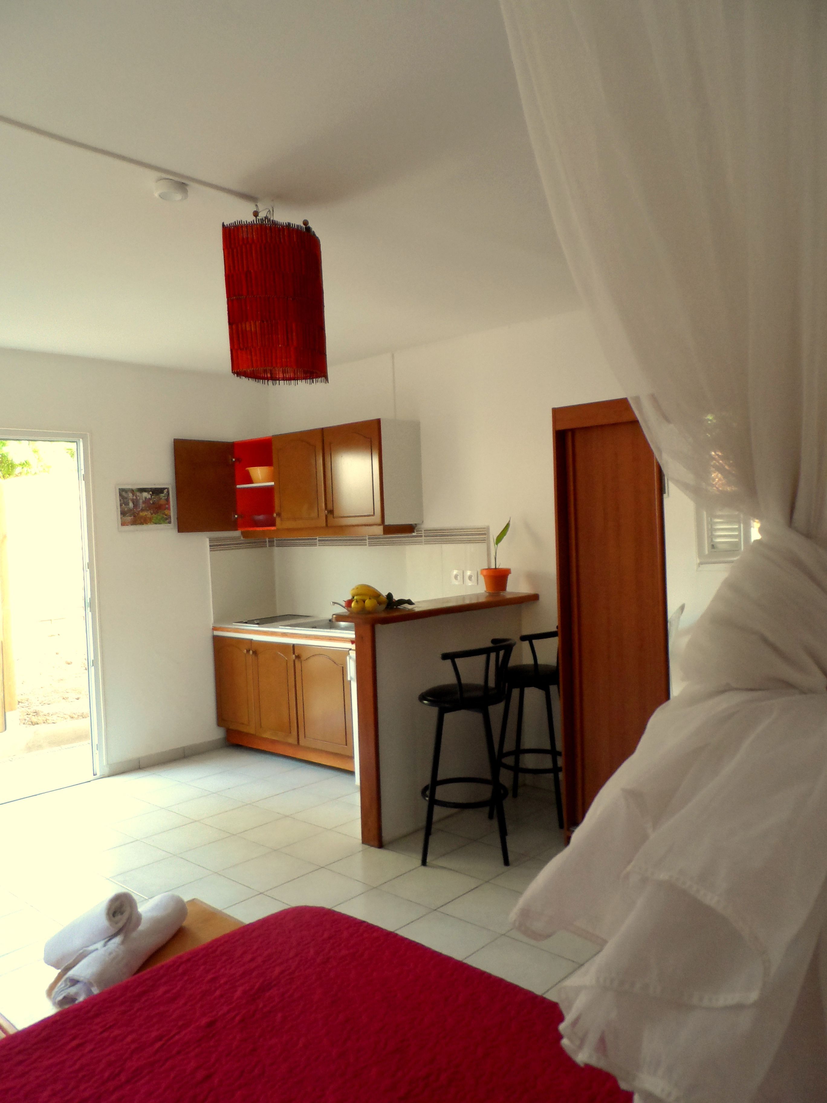 Ein kleines Schlafzimmer mit Bett, einer kompakten Küchenzeile und einem Badezimmer.