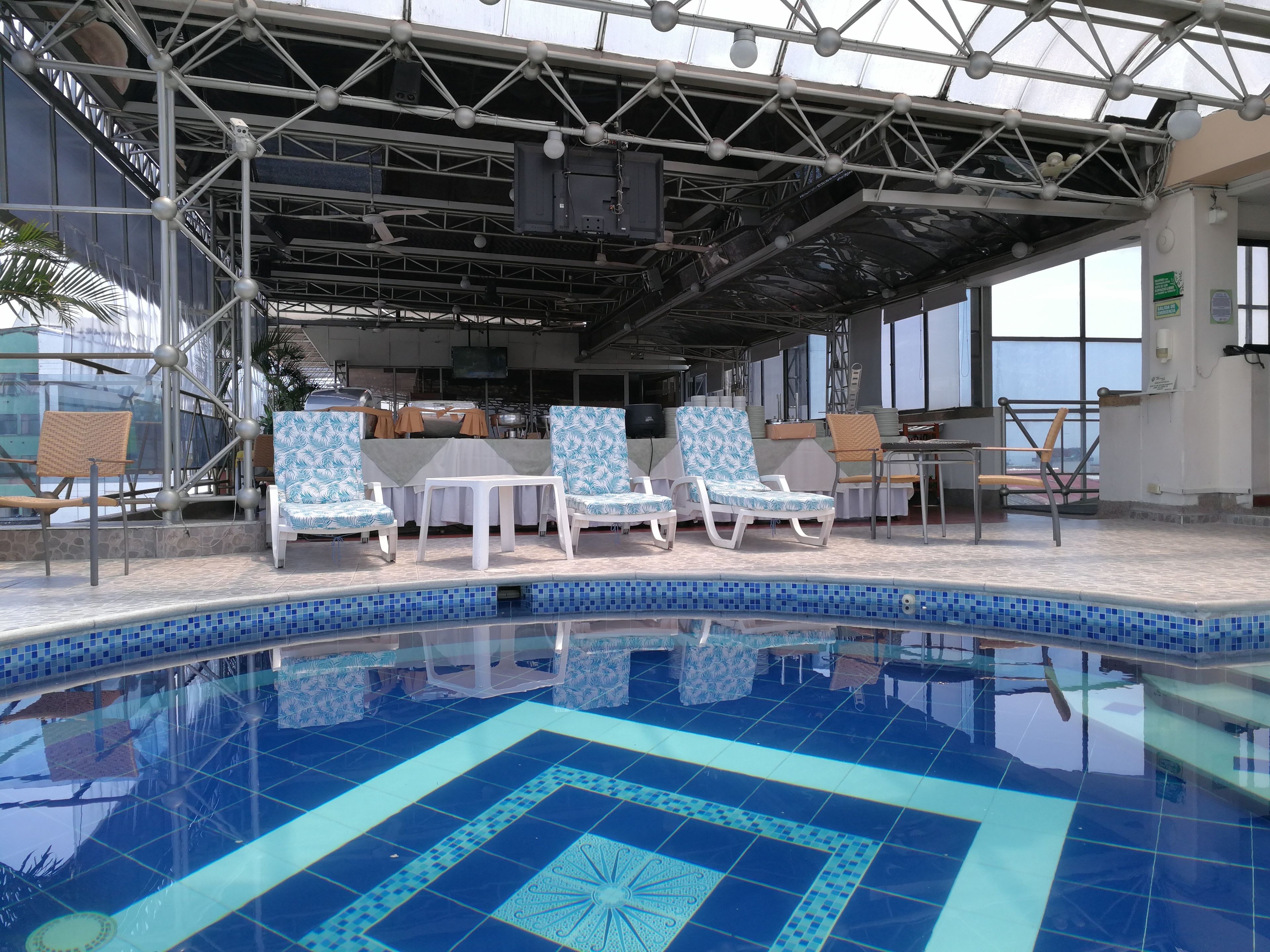 indoor pool, seasonal outdoor pool, pool loungers