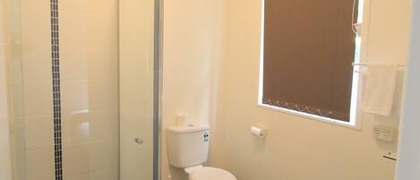 A bathroom with a glass shower enclosure, a toilet, a sink, and a window with blinds.