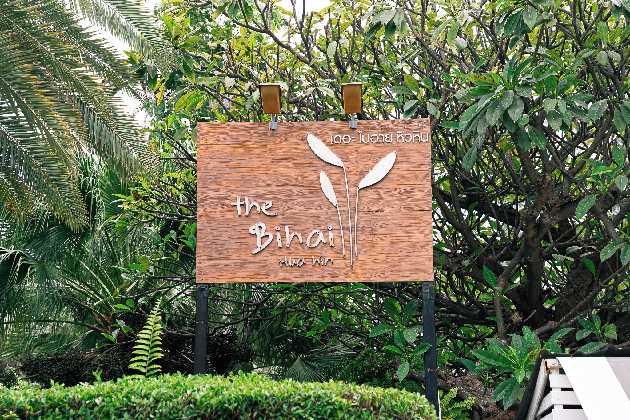 A wooden sign with the text "the Bihai Hua Hin" and two lanterns.