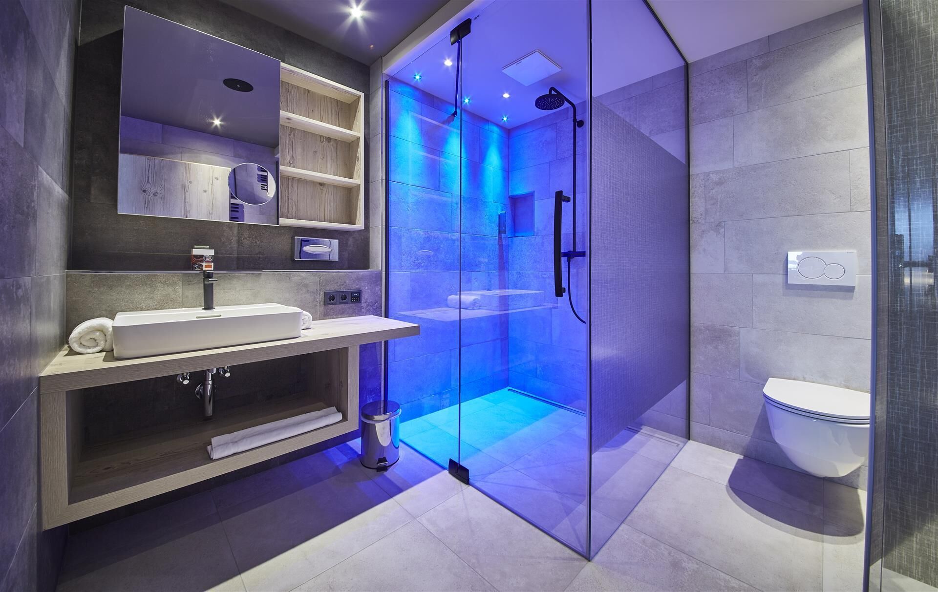 A modern bathroom with a glass-enclosed shower, a vanity with a sink, and a toilet.