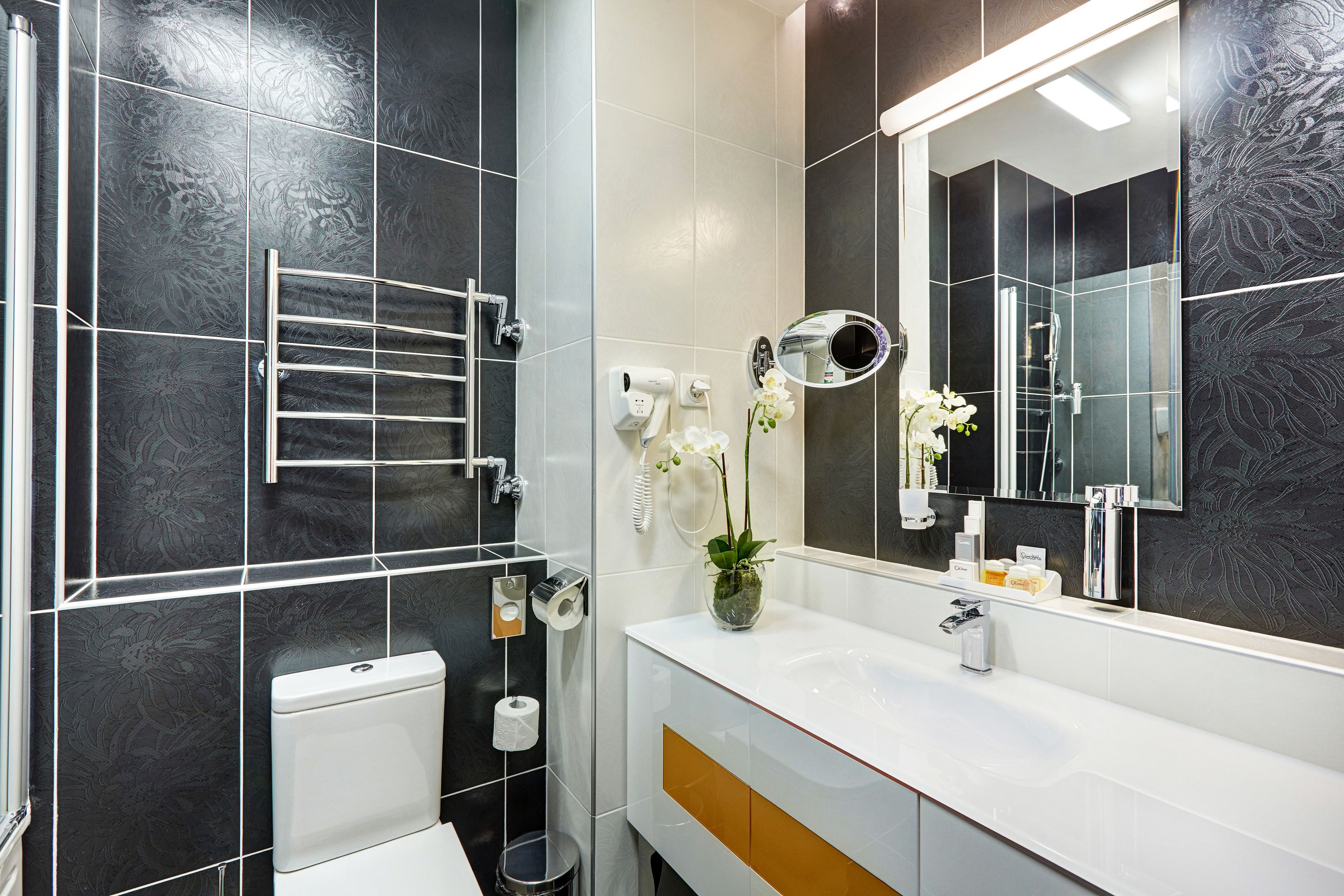 combined shower/bathtub, free toiletries, hair dryer, bathrobes