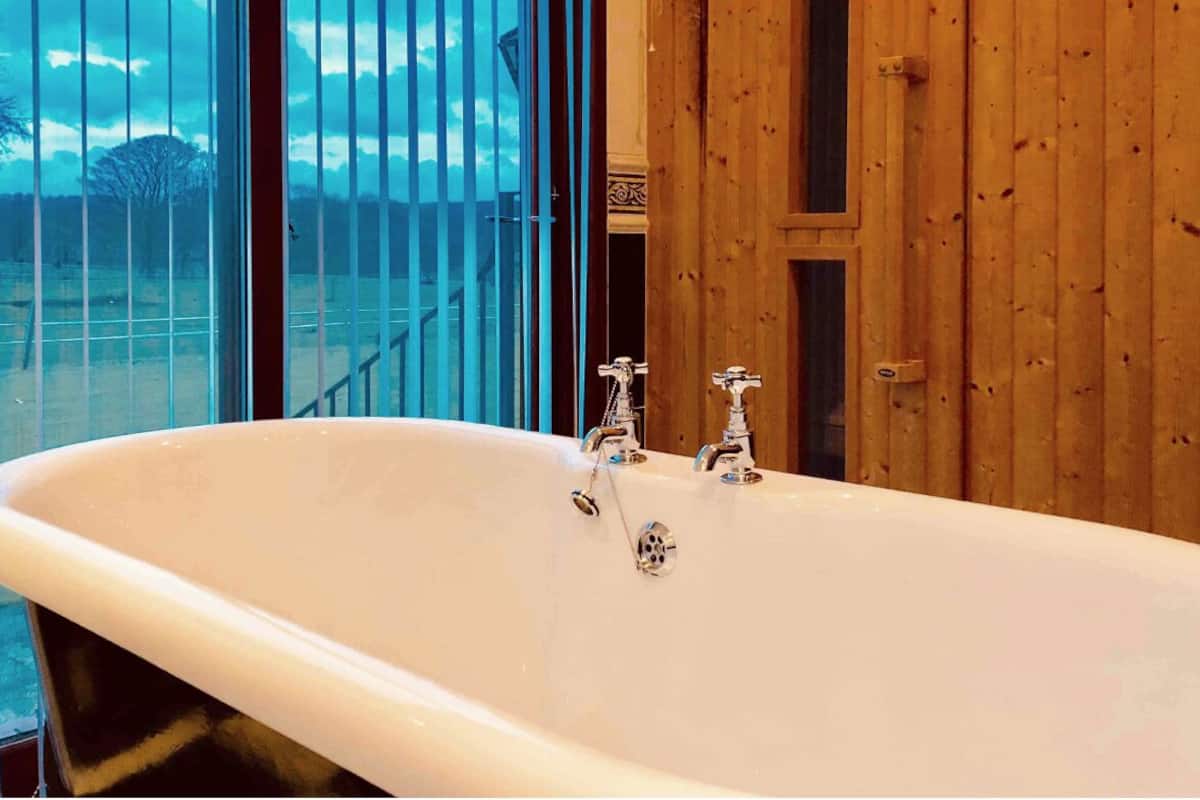 hair dryer, bathrobes, towels, toilet paper