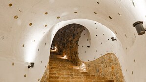 Una escalera de piedra con techo blanco y arco abovedado, decorado con motivos circulares.