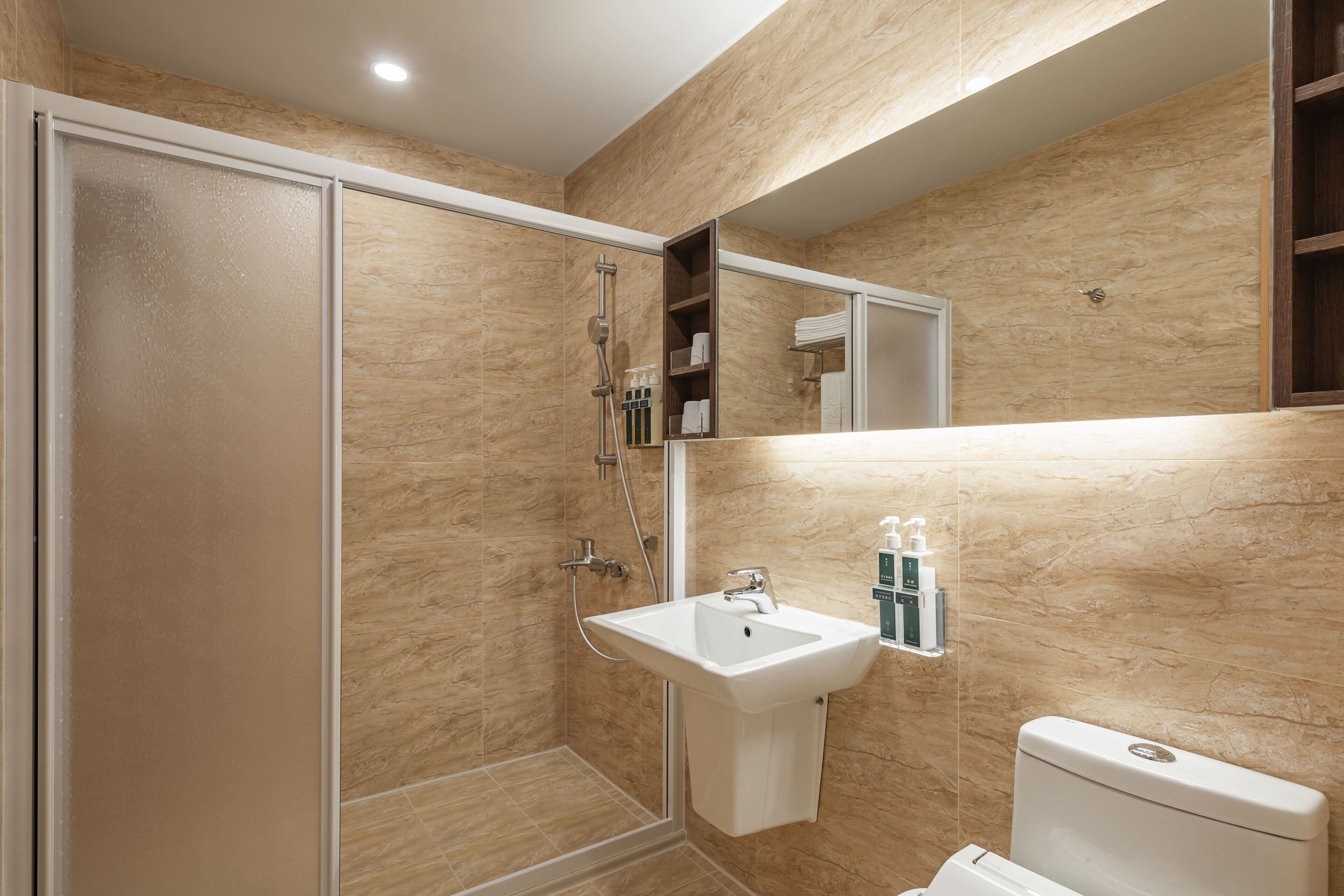 shower, hair dryer, bathrobes, slippers