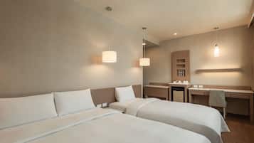 Down duvets, desk, blackout curtains, soundproofing