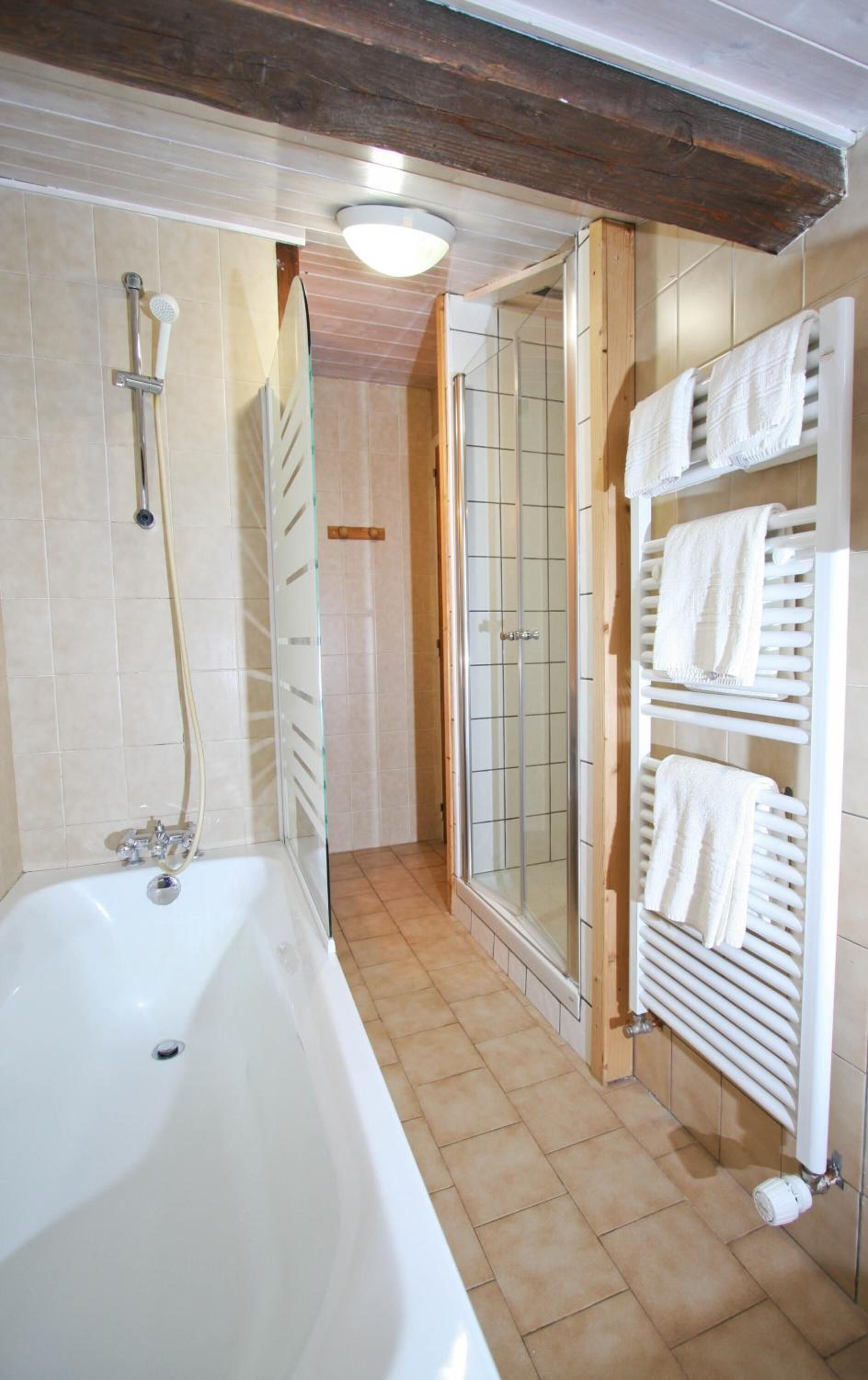 combined shower/bathtub, hair dryer, towels
