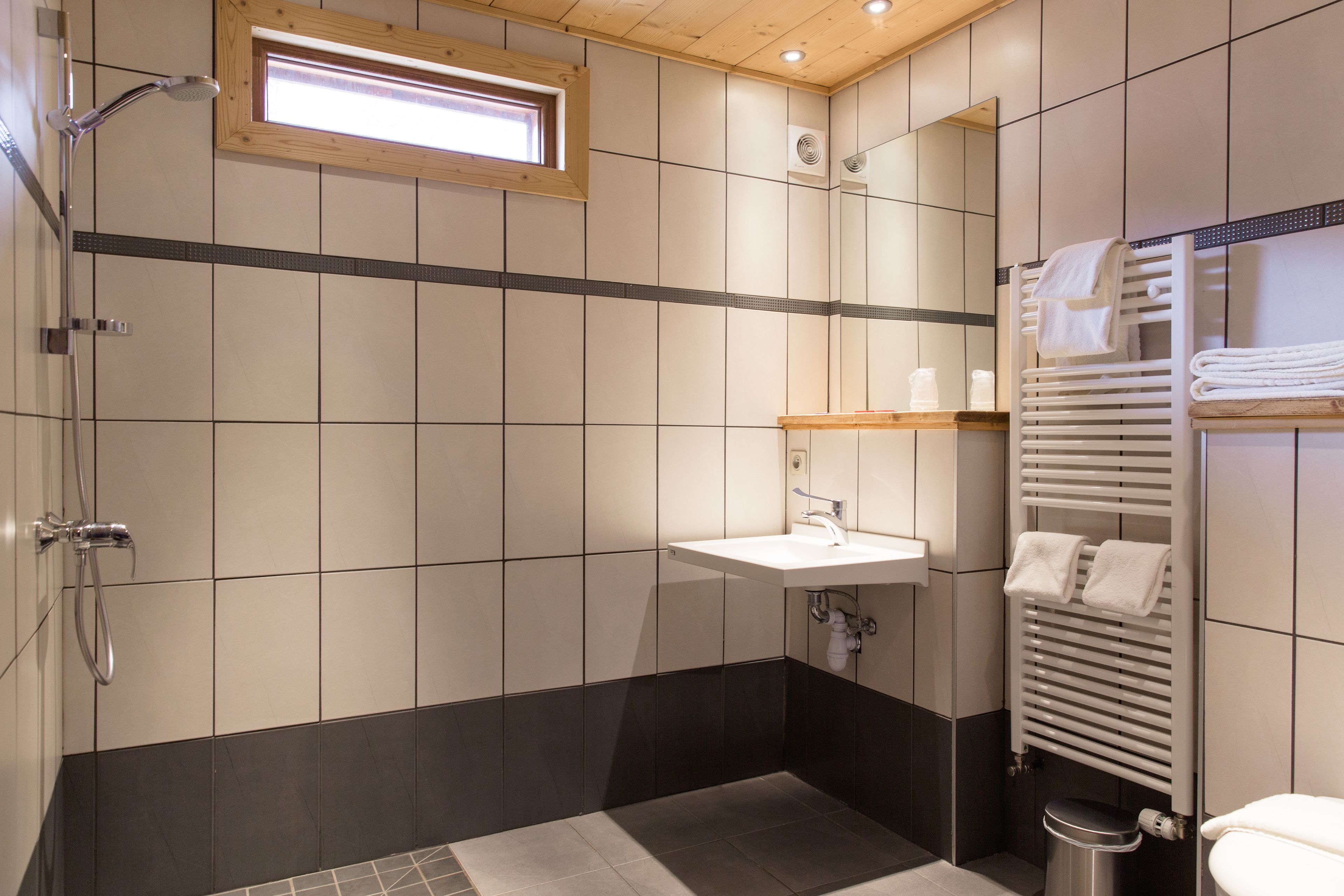 A modern bathroom with a shower, sink, and toilet.