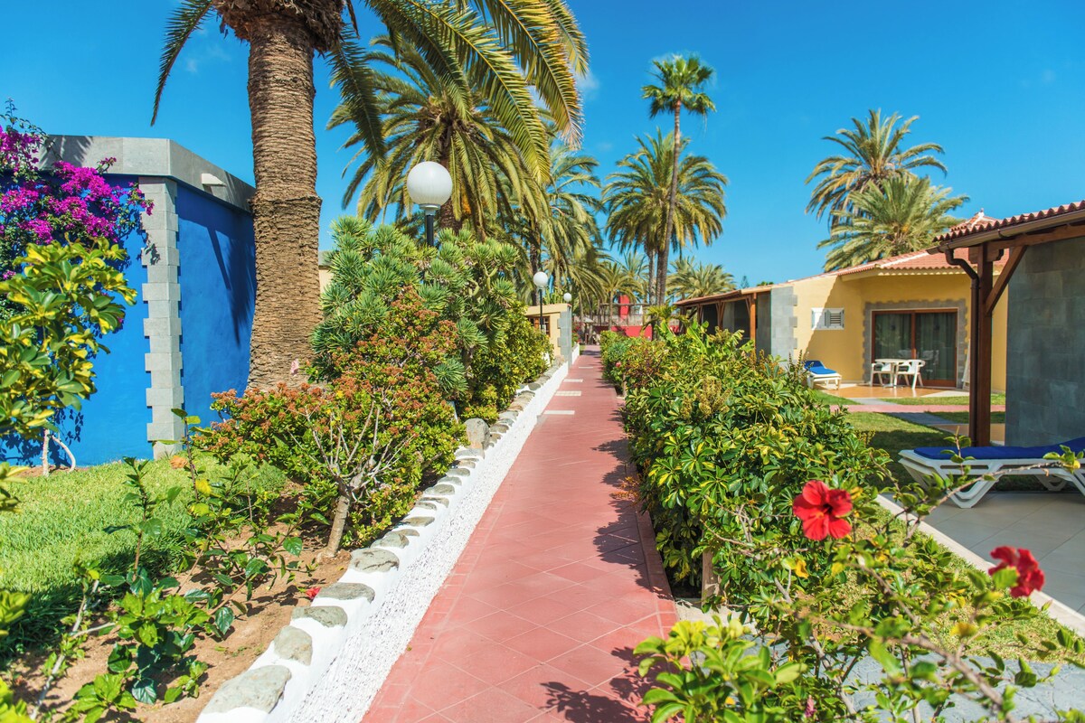 A pathway lined with palm trees and vibrant flowers, leading to a building with a blue facade and a red-tiled entrance.