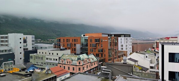 A multi-story building with commercial signage, a mix of modern and traditional architecture, and a view of a mountainous landscape.