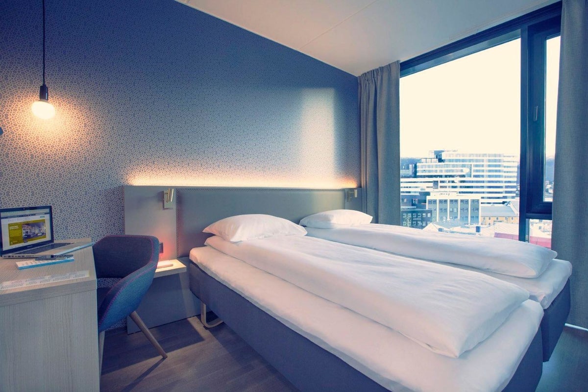 Hypo-allergenic bedding, desk, blackout curtains, bed sheets