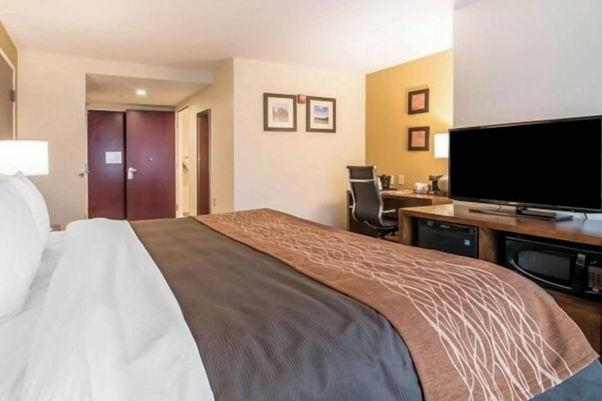 A hotel room with a bed, a desk, a television, and a door.