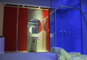 Suite, 1 tweepersoonsbed | Badkamer | Een douche, gratis toiletartikelen, een haardroger, handdoeken