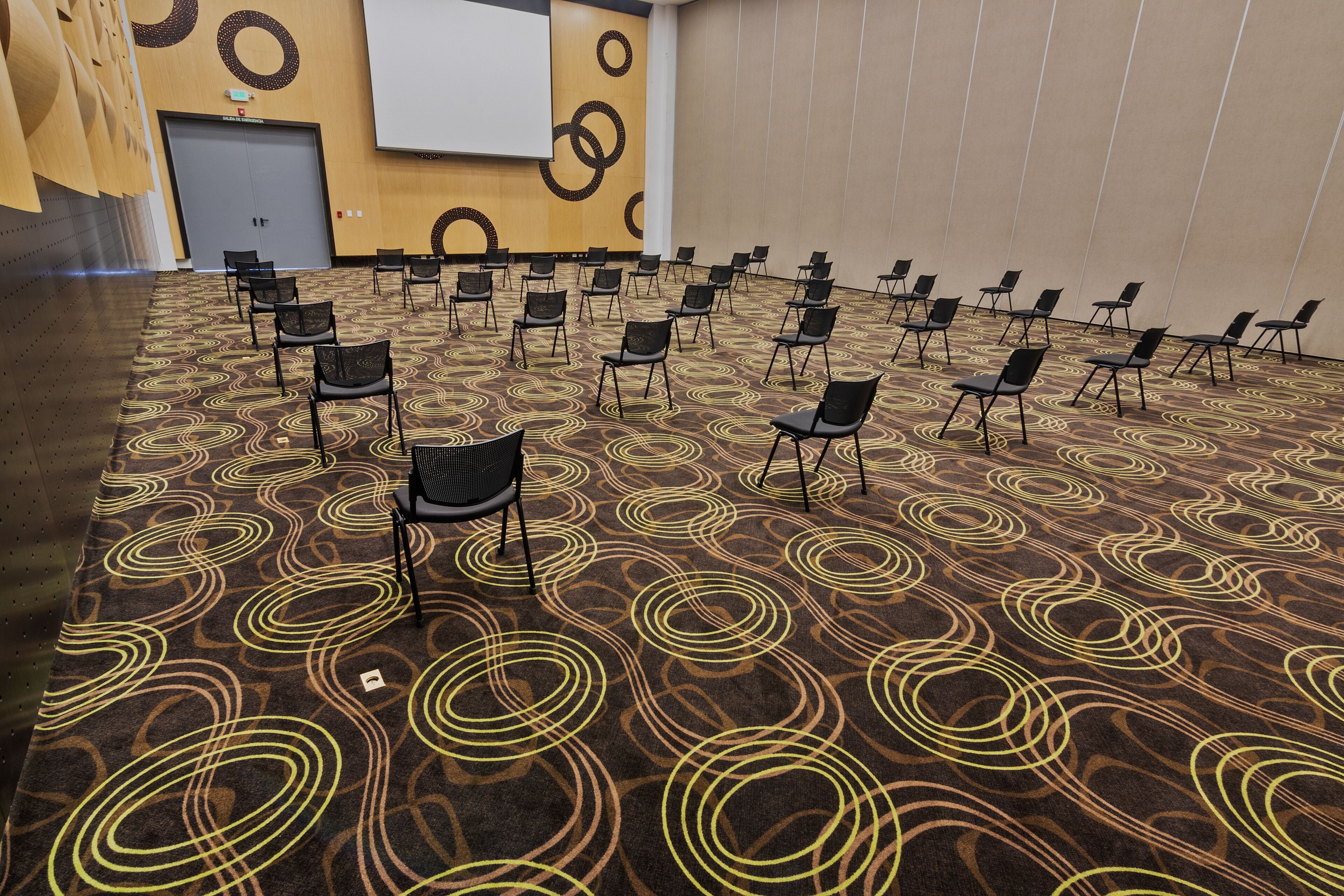 A conference room with a patterned carpet, rows of chairs, a projector screen, and a door.