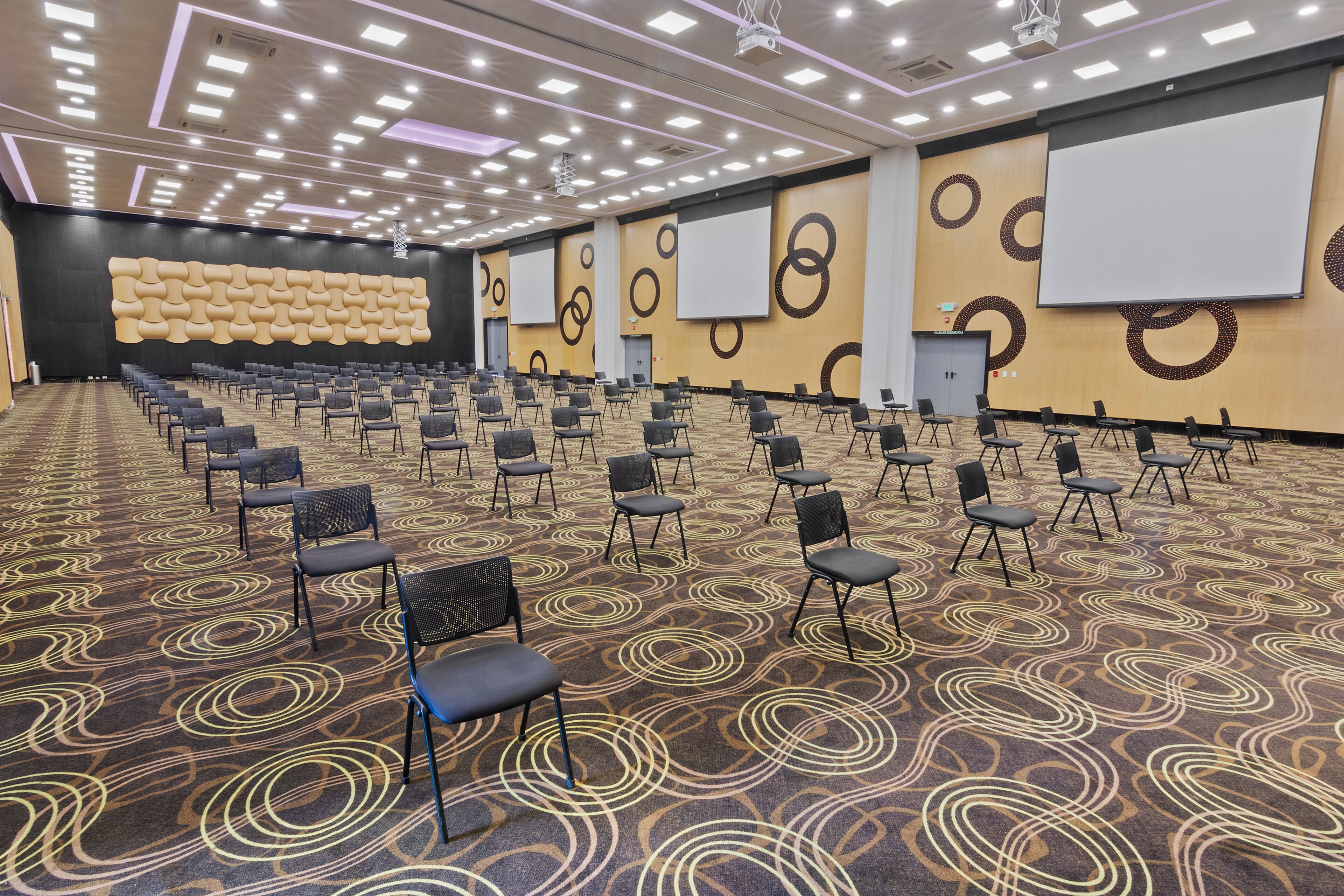 Ein Konferenzraum mit Reihen von Stühlen, einer großen Leinwand und einem Teppich mit kreisförmigen Mustern.