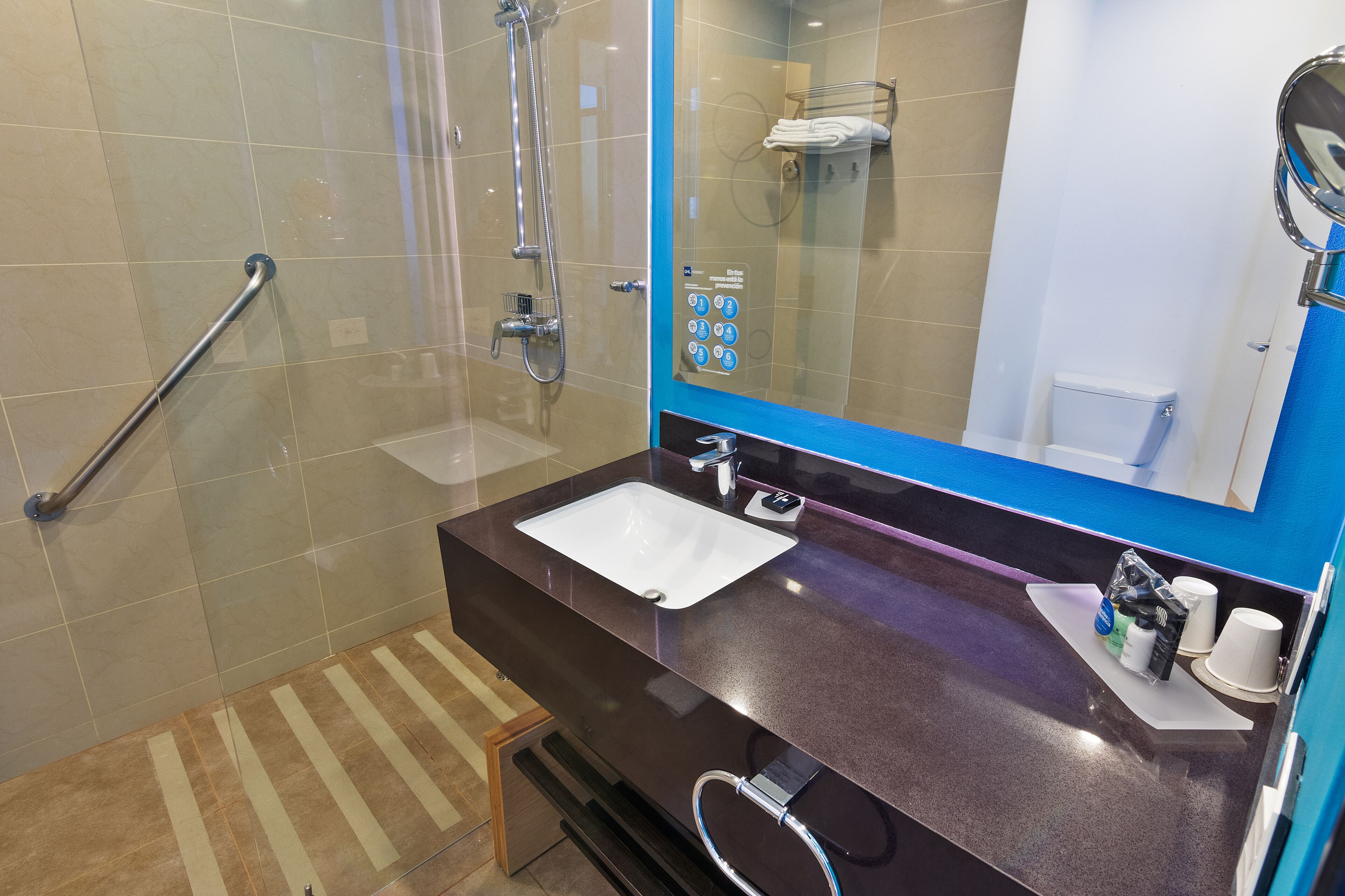 A modern bathroom with a glass shower enclosure, a white sink, and a large mirror.