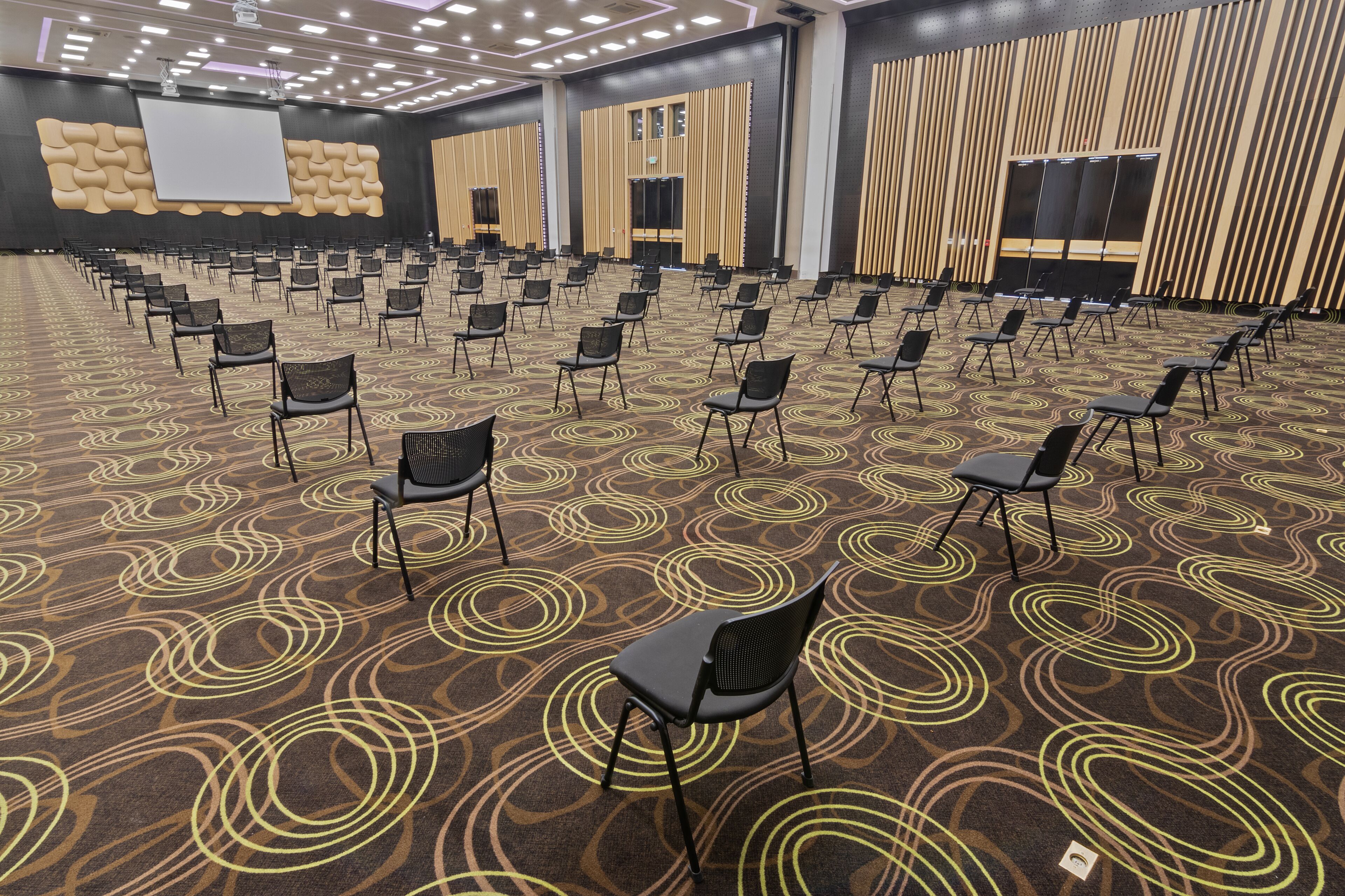 A large conference room with rows of chairs, a projector screen, and a patterned carpet.