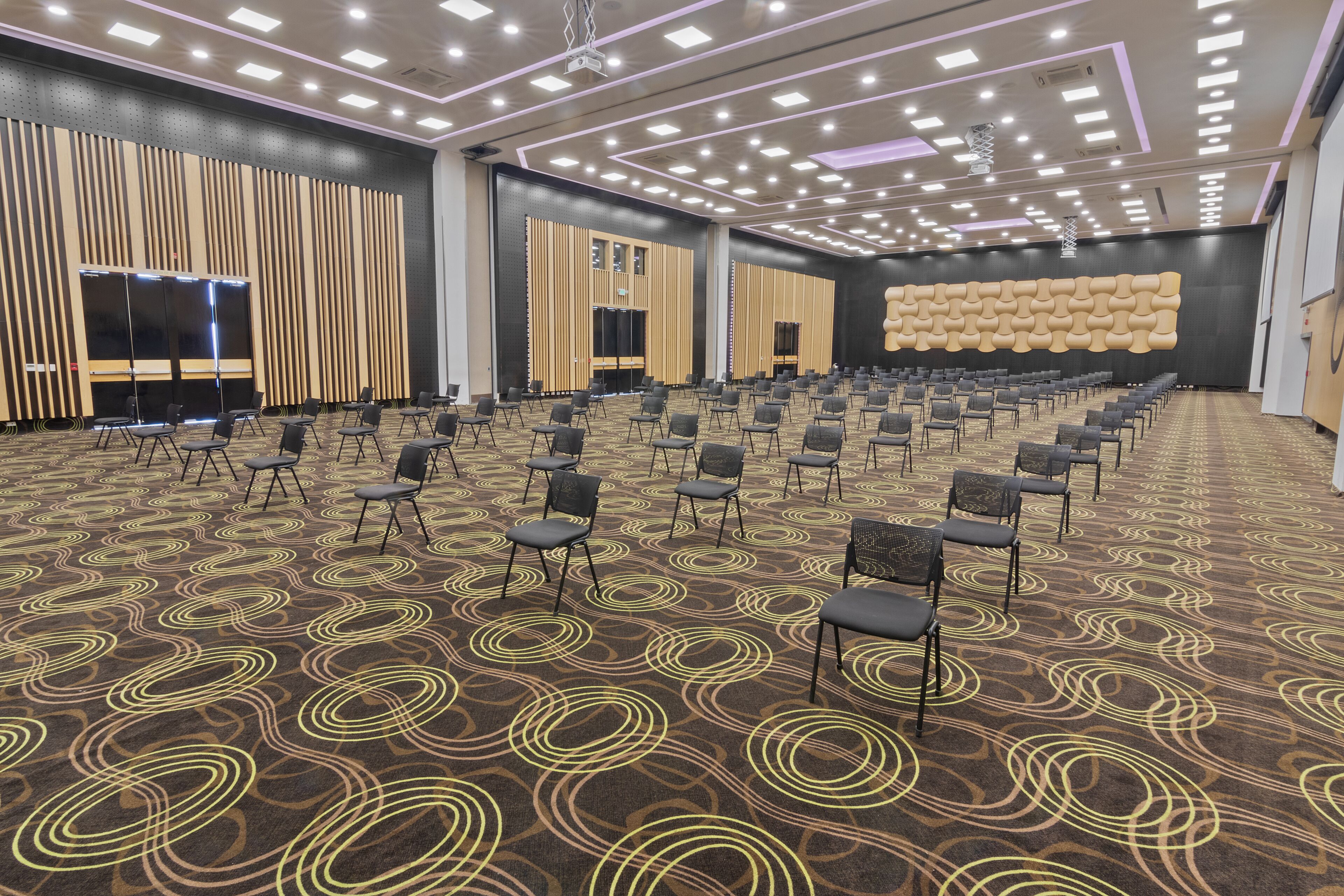 A large conference room with rows of chairs, a patterned carpet, and modern lighting fixtures.