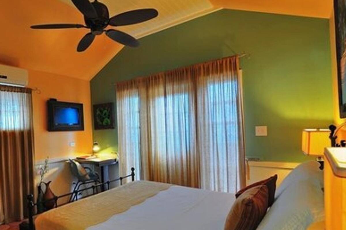 A hotel room with a bed, a desk, a chair, a television, and a ceiling fan.