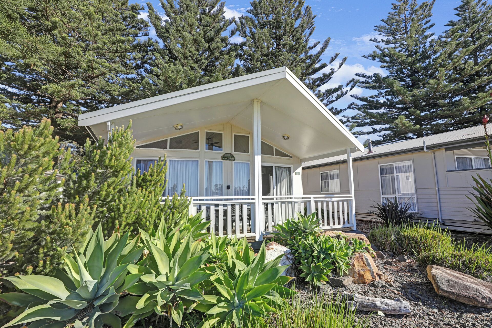 A single-story mobile home with a porch, surrounded by dense pine trees and various plants.
