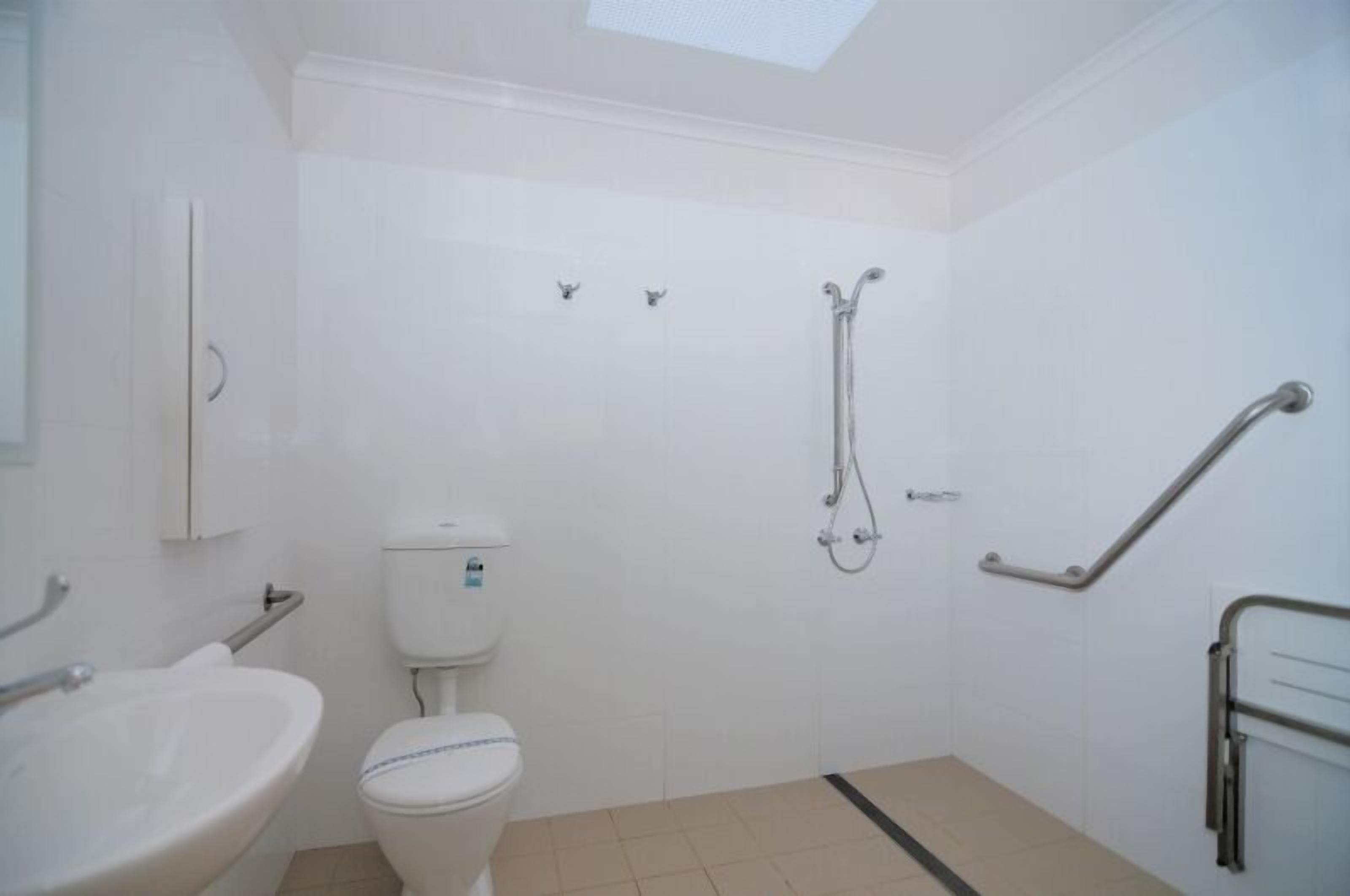 A small, white bathroom with a skylight, a toilet, a sink, and a shower with grab bars.