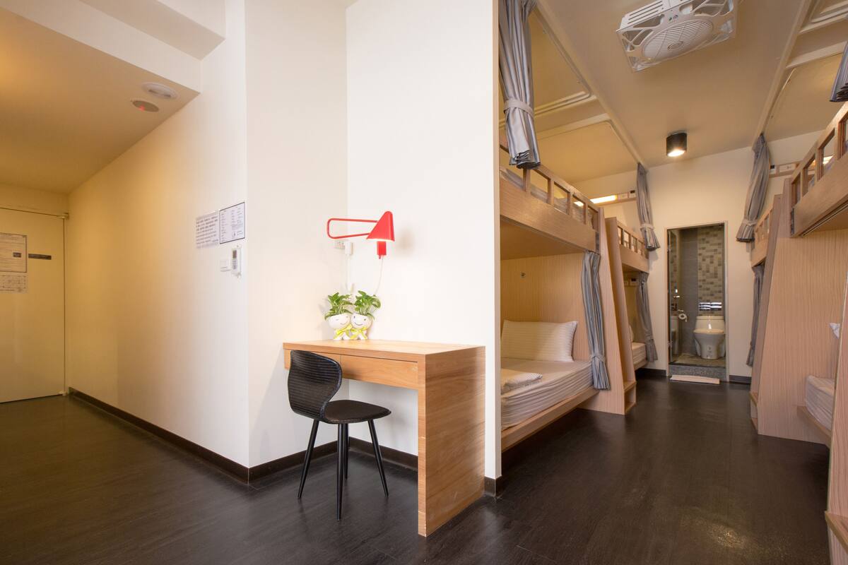 A compact, modern room with a bunk bed, a desk with a chair, and a small plant.