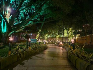 A pathway lined with plants and illuminated by string lights, leading to a building with a visible entrance. - Hoysala Village Resort (Hassan)