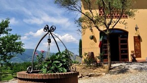 A rustic outdoor area with a metal sculpture, a building with a sign reading "Olo," and a mountainous backdrop. - Corte Tommasi Residence (Castelfranco di Sotto)