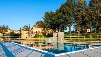 Seasonal outdoor pool, pool umbrellas, pool loungers