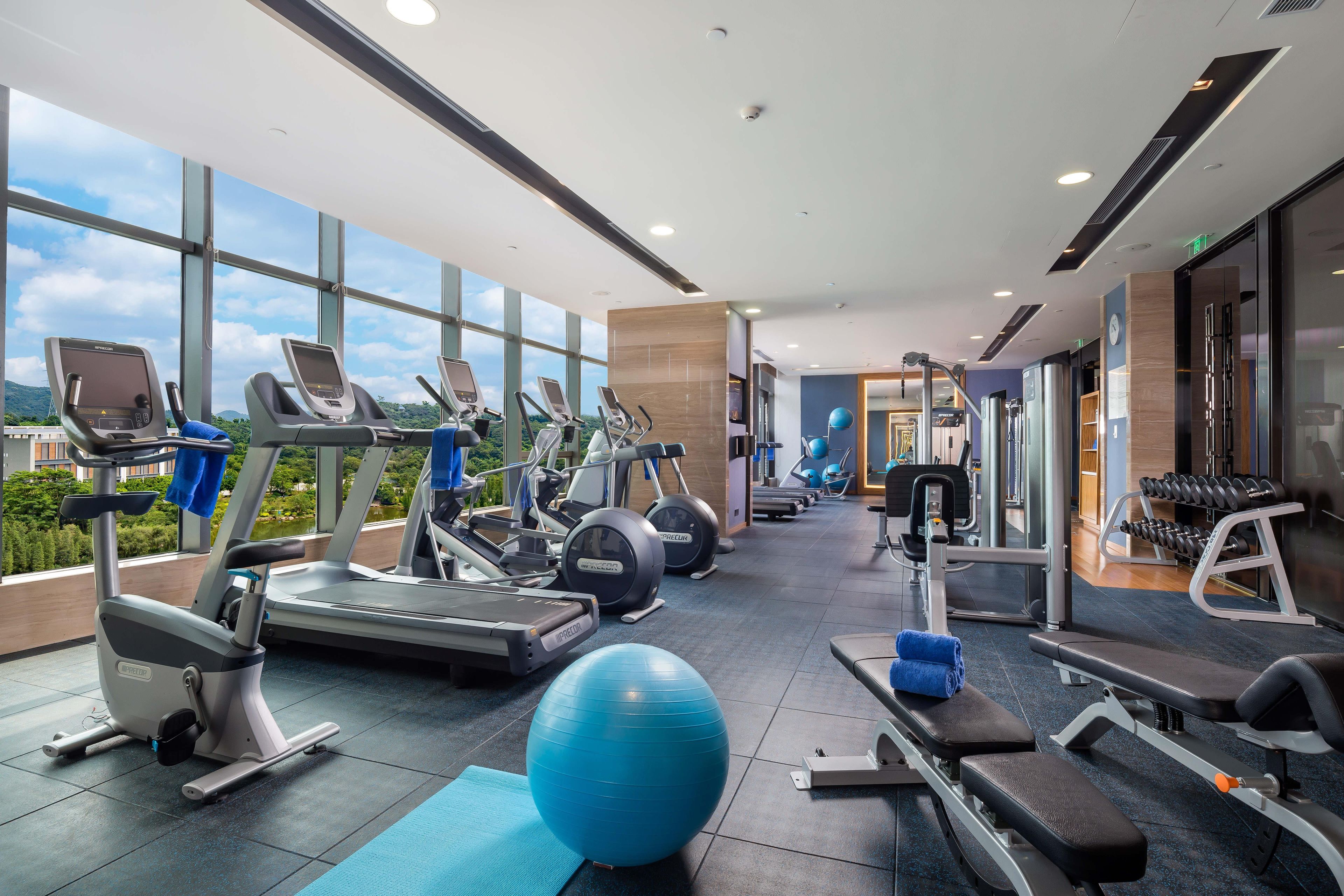 A modern gym with various exercise equipment, large windows, and a view of greenery.