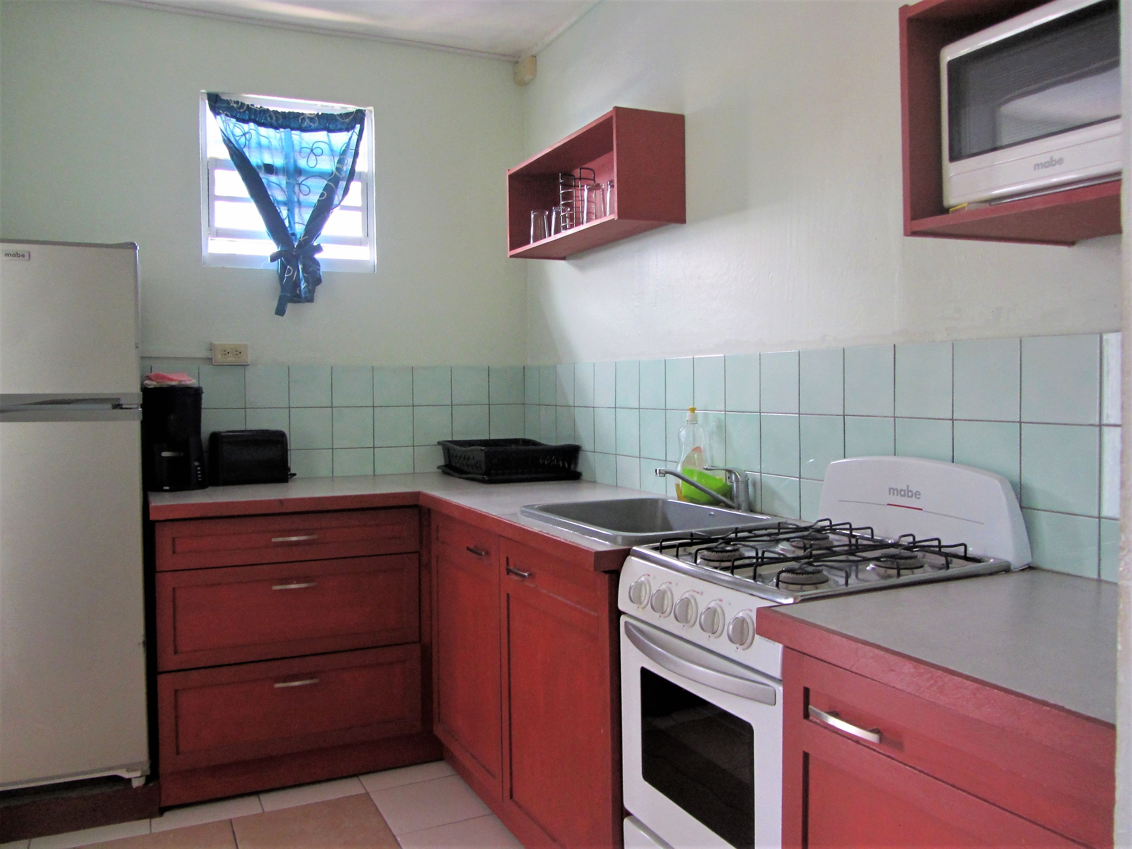 Una cocina compacta con refrigerador, estufa, pileta y alacenas.