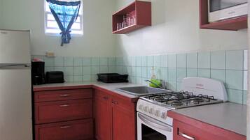Una cocina compacta con refrigerador, estufa, pileta y alacenas.