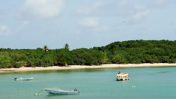 A calm coastal area with boats, a sandy beach, and dense greenery.