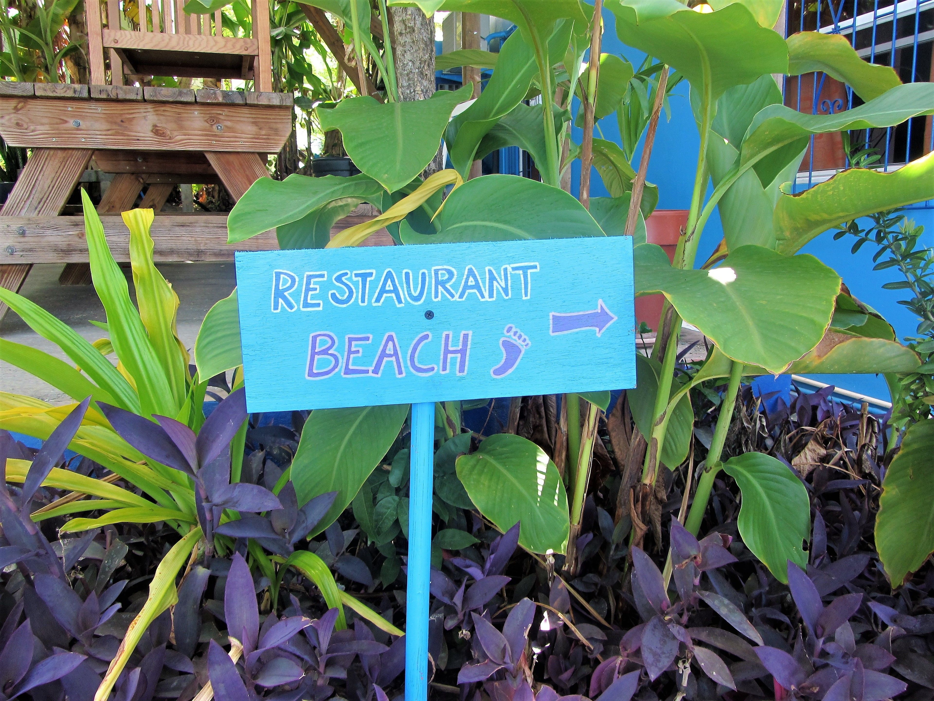 Un panneau en bois indiquant « RESTAURANT » et « PLAGE », ainsi qu’un symbole de pied indiquant la direction.